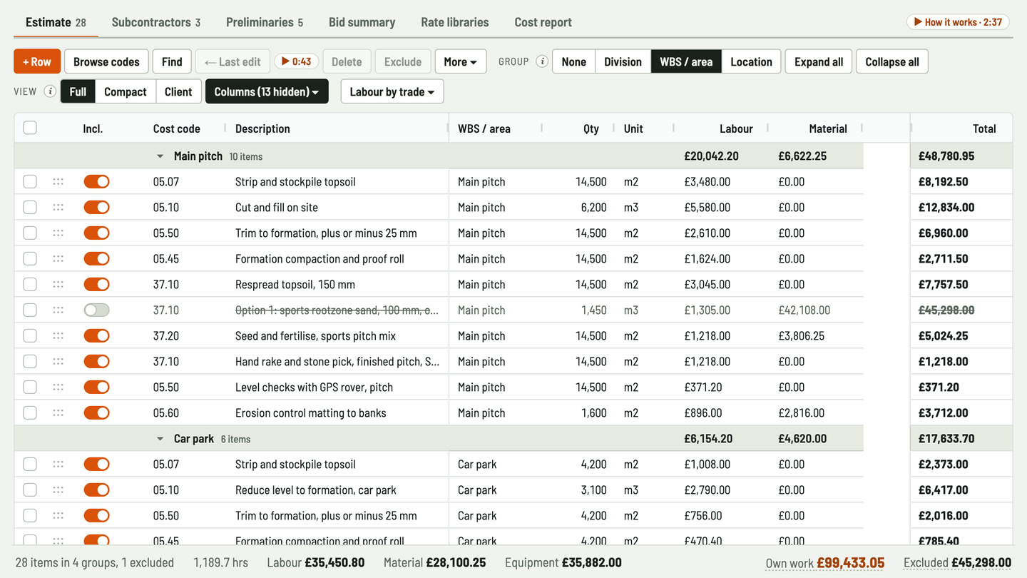 Bidfident screenshot: group by pitch, car park or access road
