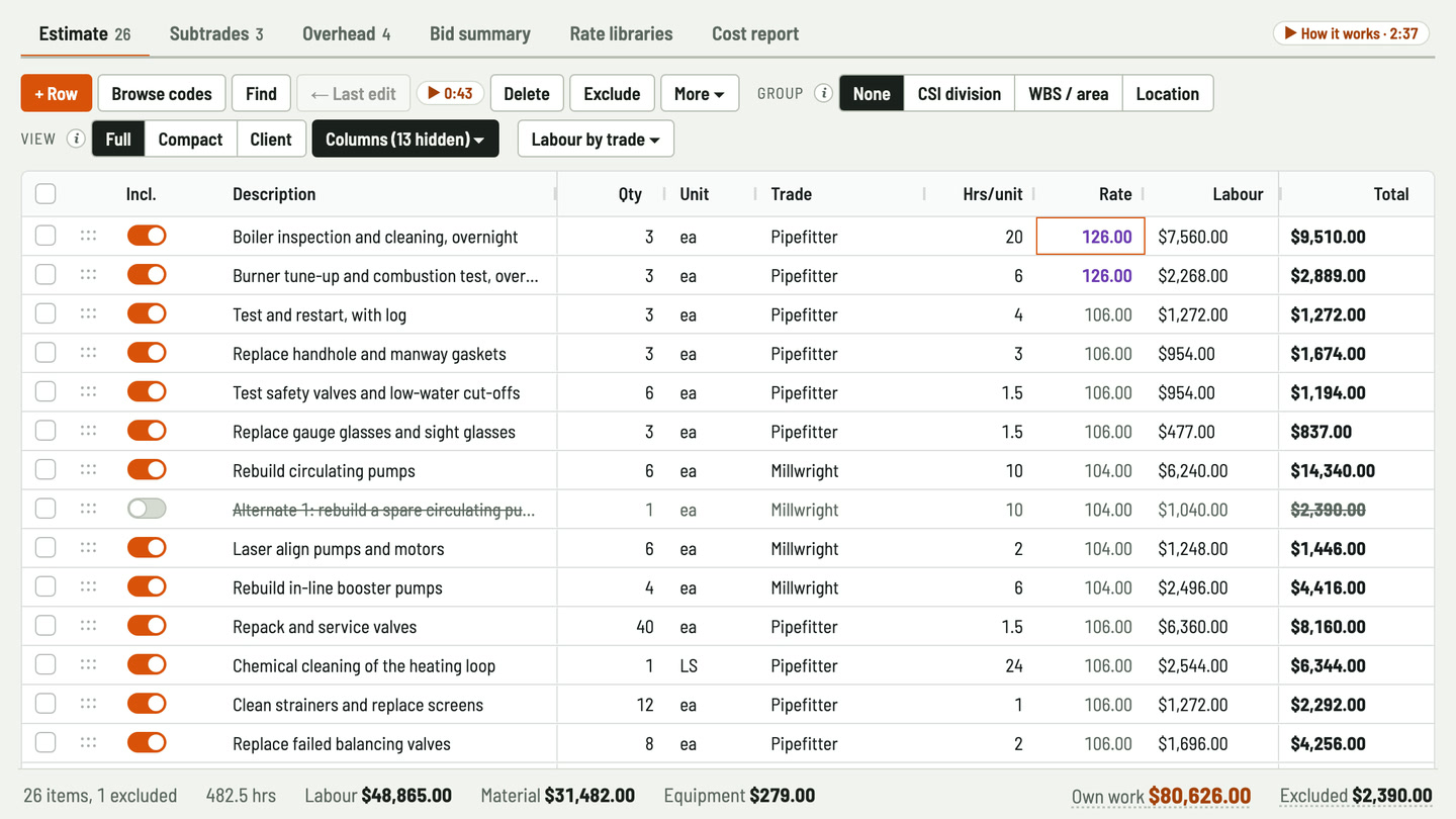 Bidfident screenshot: overnight boiler work at its own rate