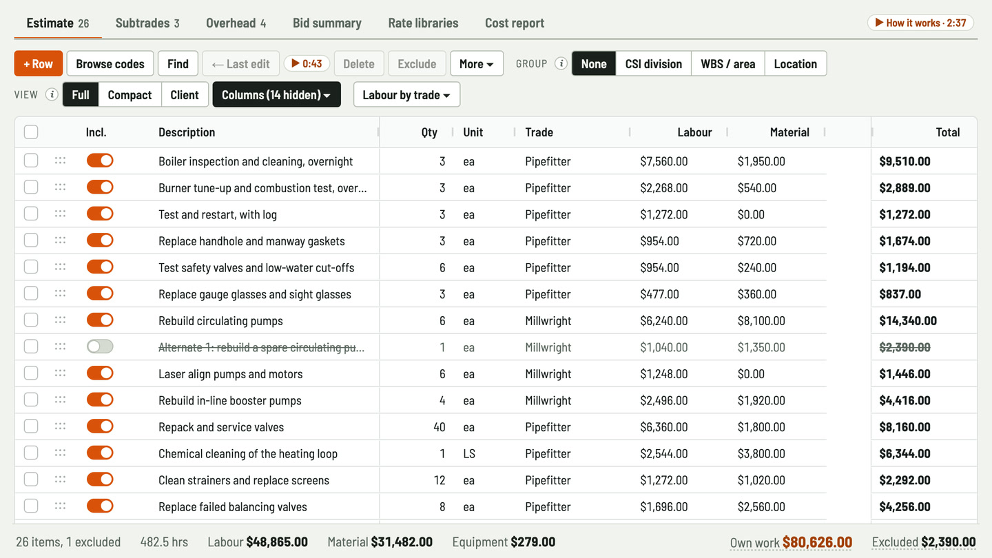 Bidfident screenshot: optional work kept but not counted