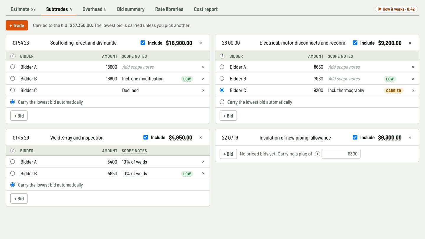 Bidfident screenshot: scaffold bids side by side