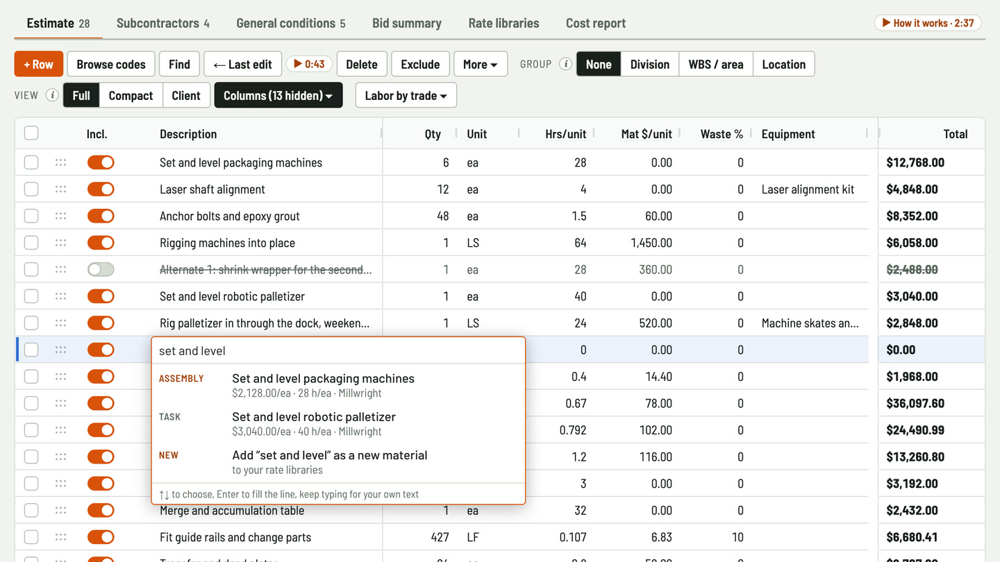 Bidfident screenshot: machine sets from the rate library