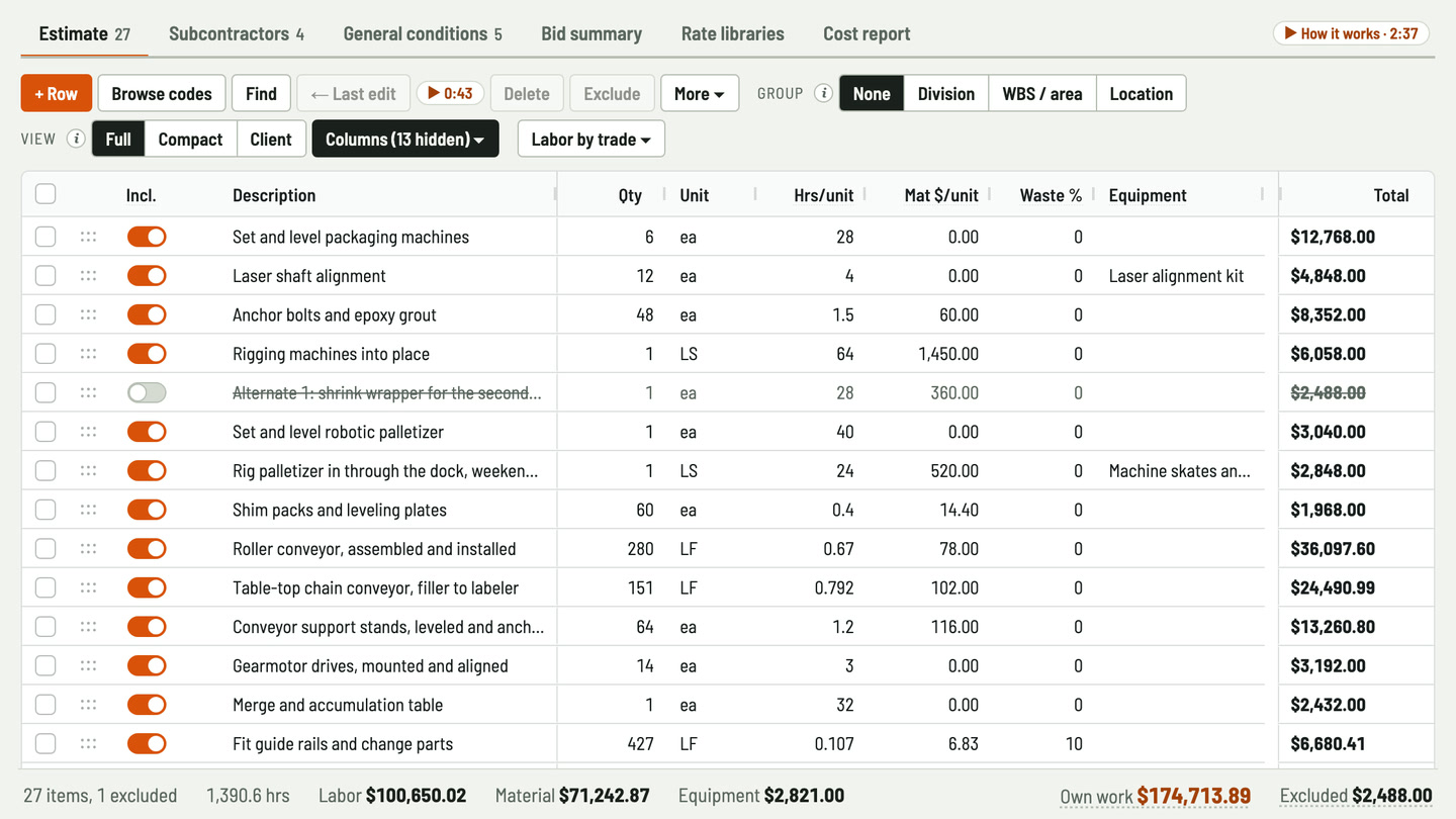 Bidfident screenshot: conveyor by the foot, machines by the each