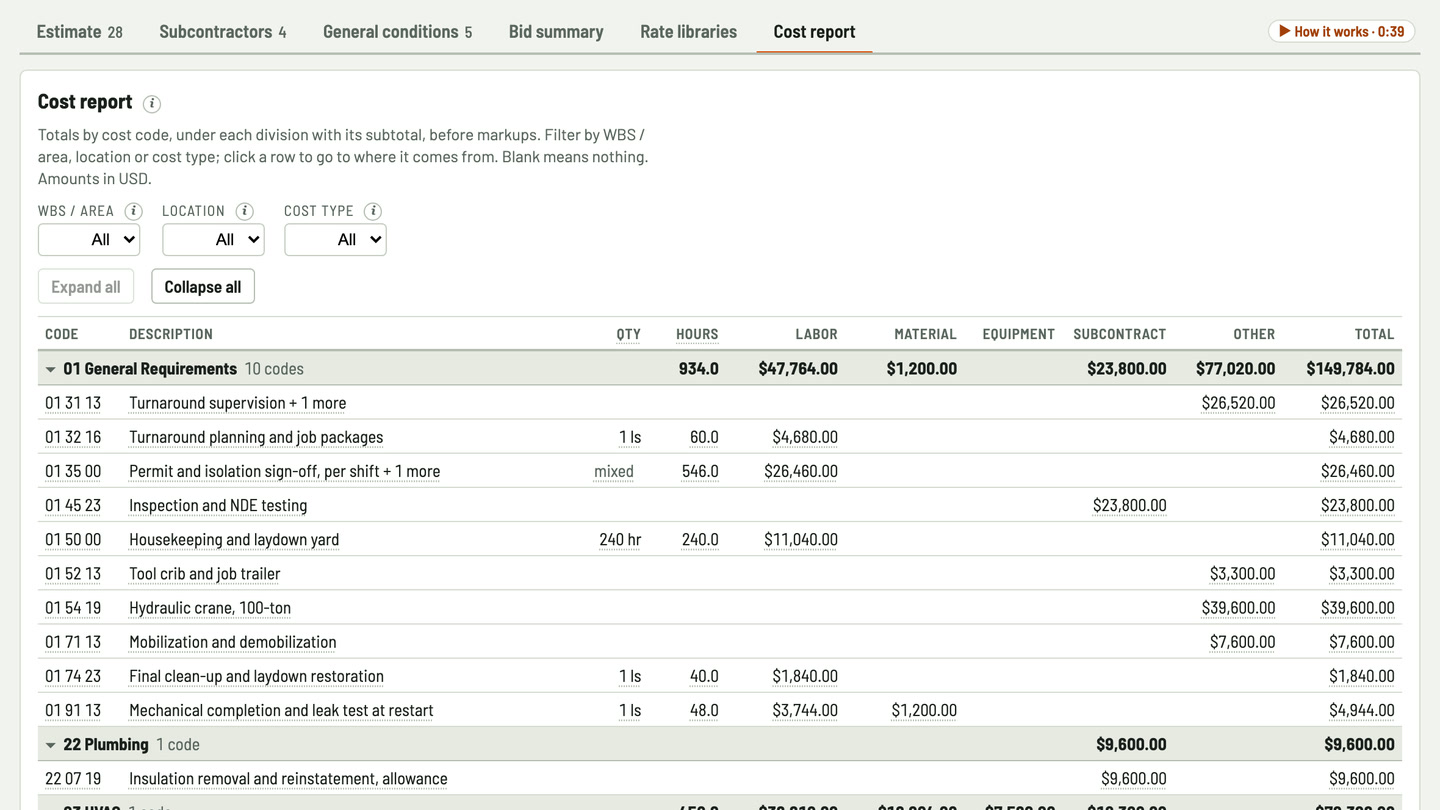 Bidfident screenshot: every cost code totaled