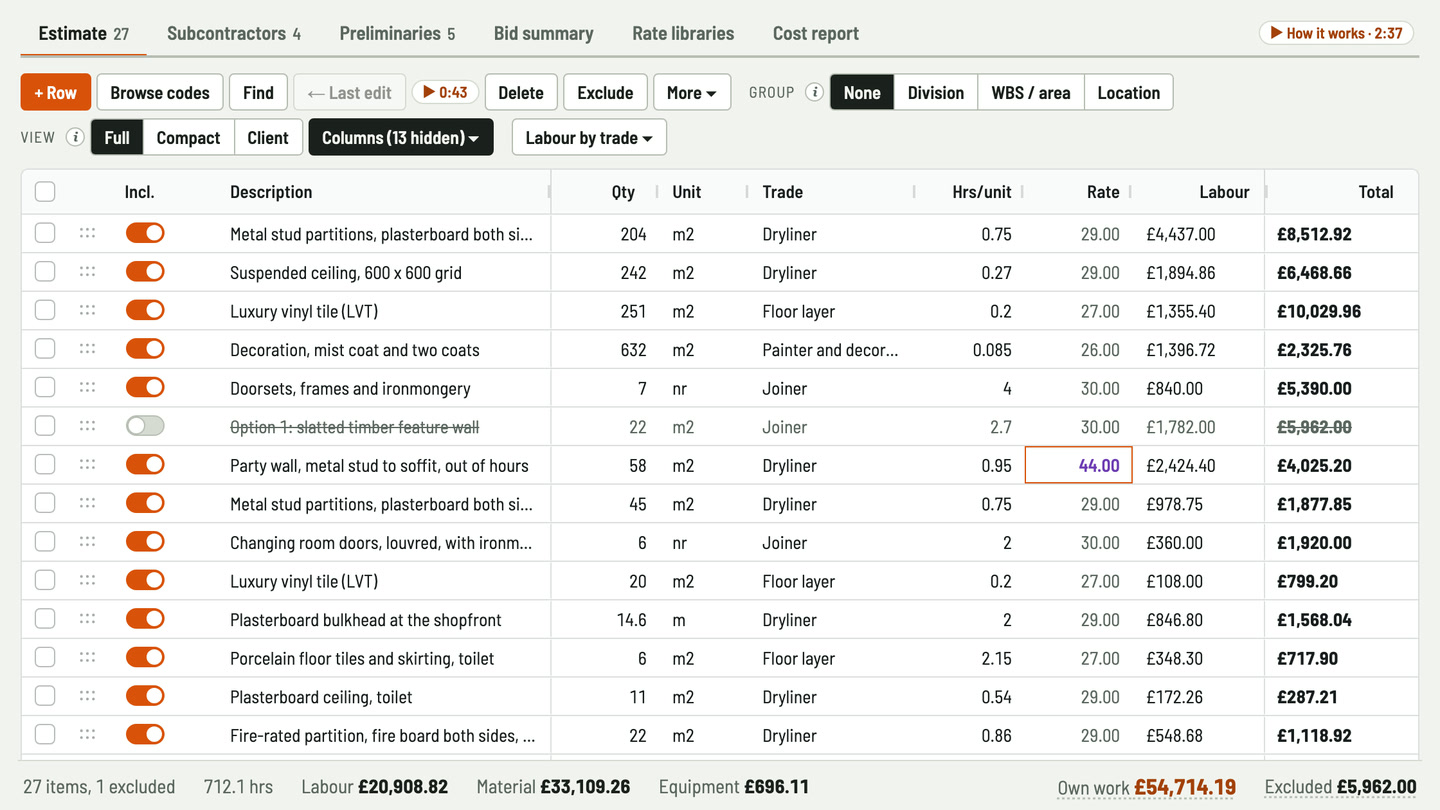 Bidfident screenshot: night work at its own rate