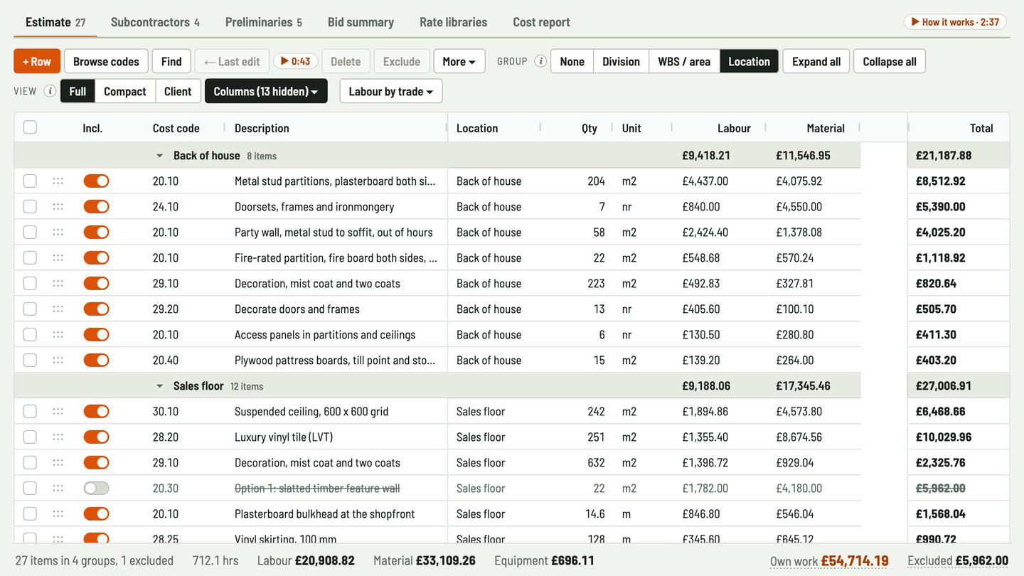 Bidfident screenshot: group by unit or floor