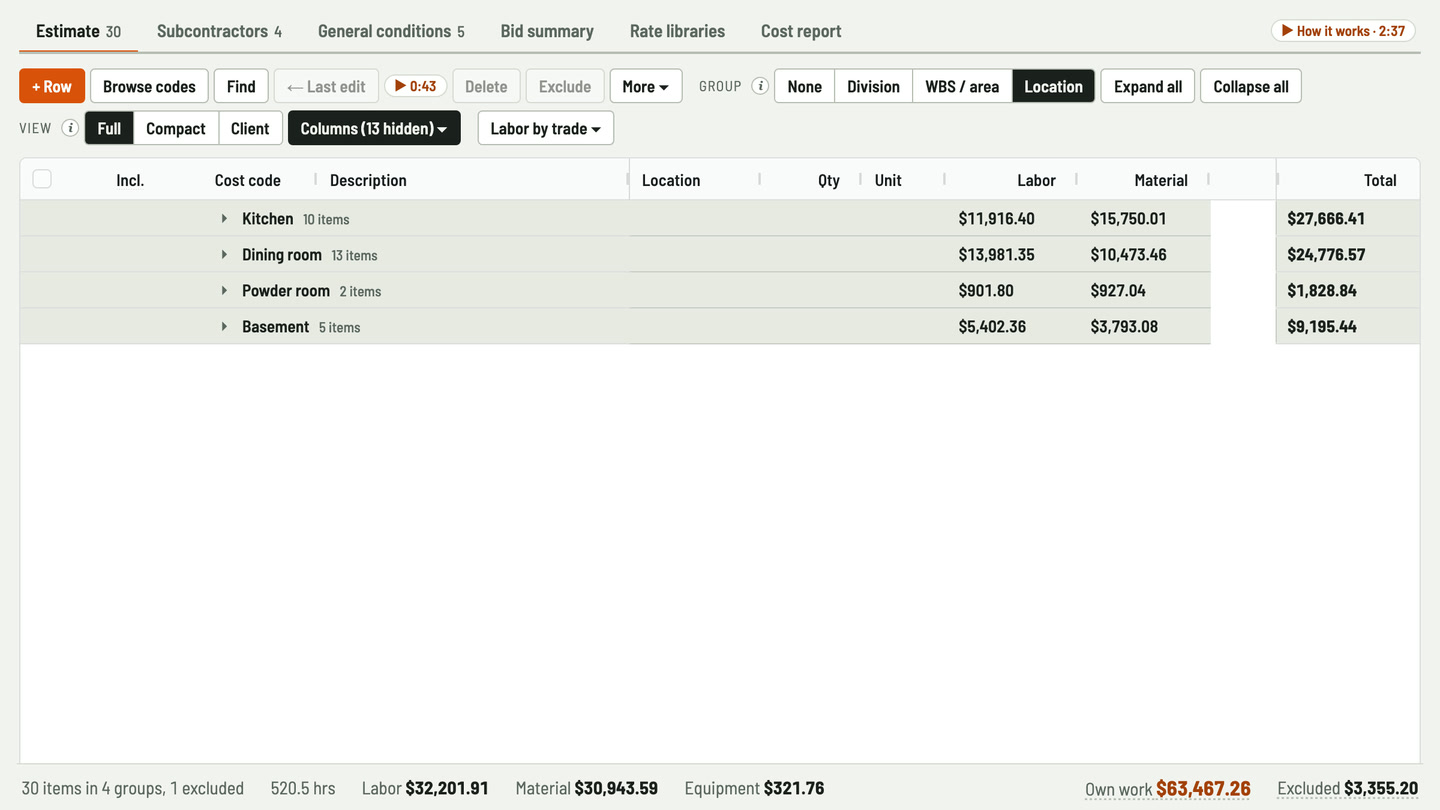 Bidfident screenshot: room by room, with subtotals