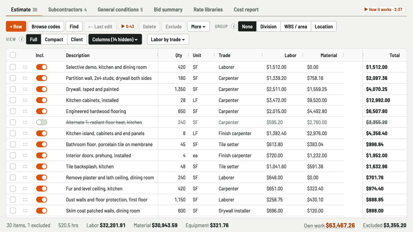 Bidfident screenshot: upgrades the homeowner can say yes to later
