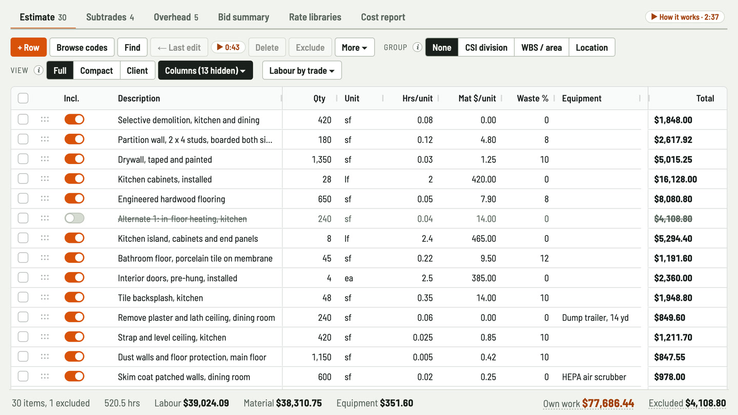 Bidfident screenshot: square feet, linear feet and each