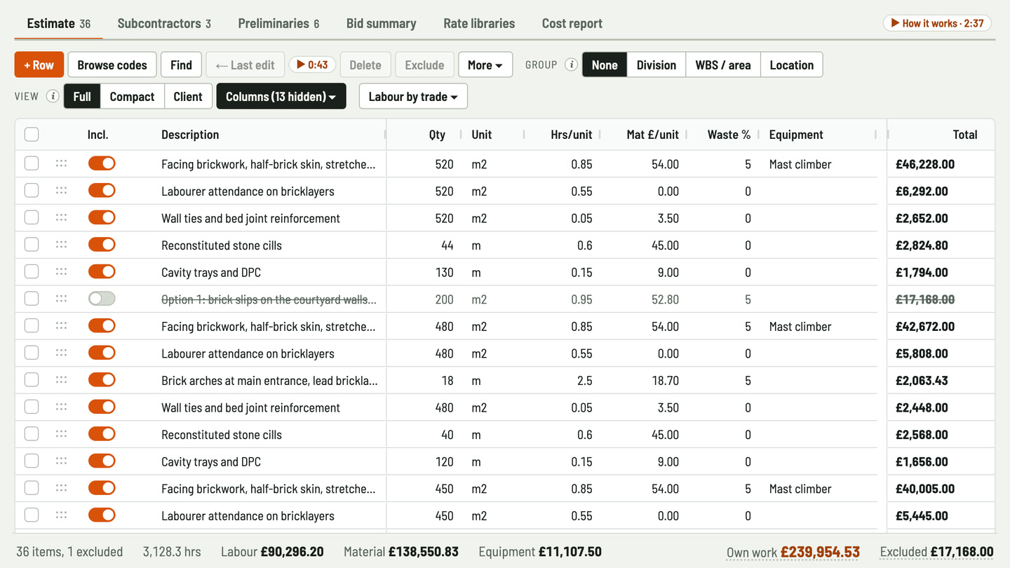 Bidfident screenshot: square metres of wall, metres of cill