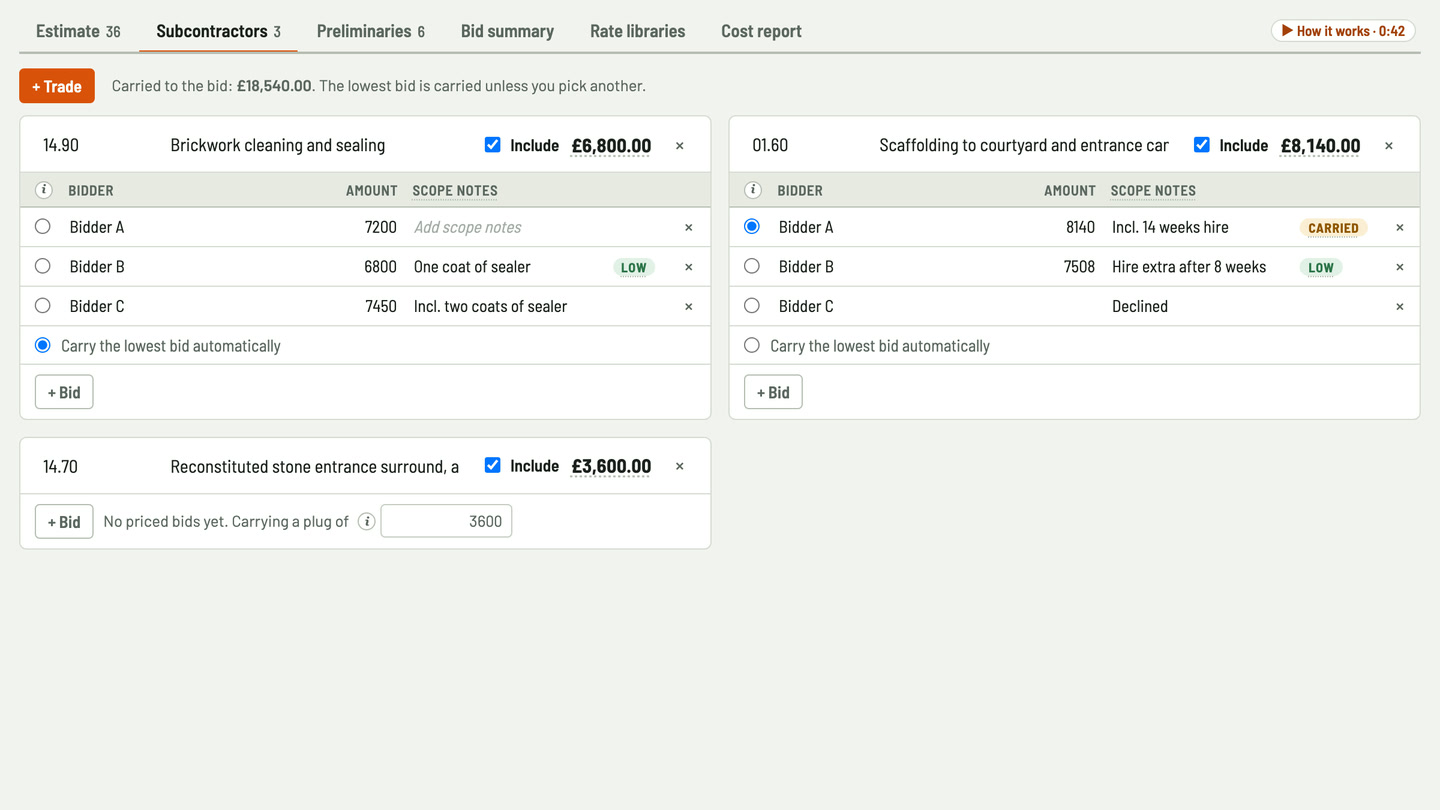 Bidfident screenshot: cleaning quotes side by side