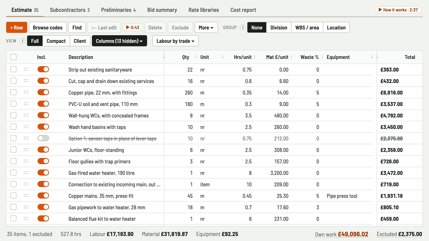Bidfident screenshot: pipework by the metre, sanitaryware by number