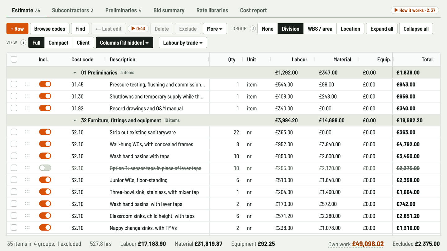 Bidfident screenshot: divisions laid out the way you read them