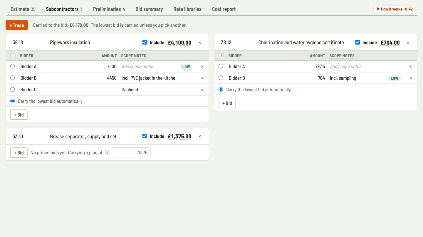 Bidfident screenshot: insulation and other packages side by side