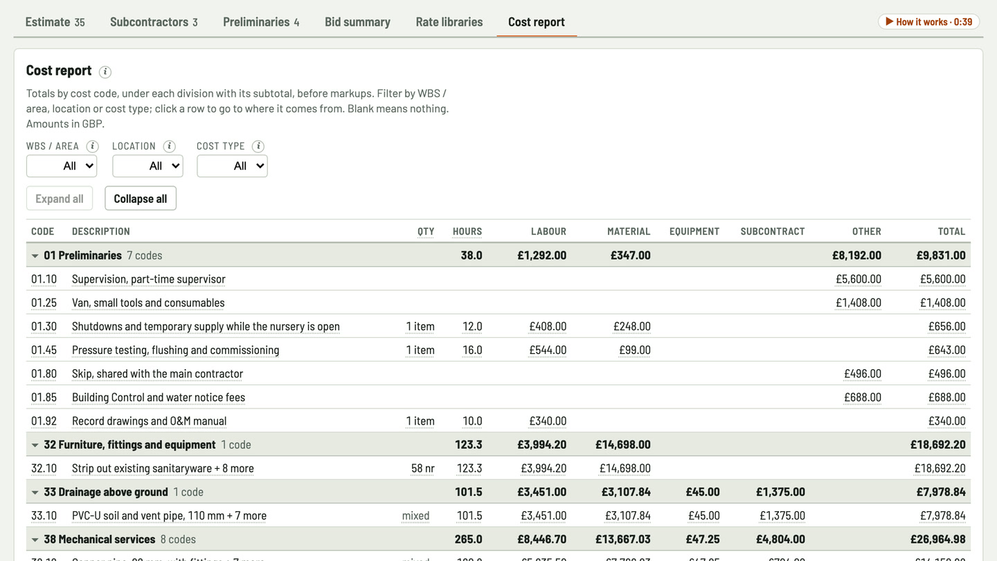 Bidfident screenshot: a cost report by code