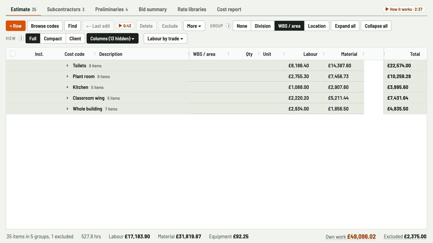 Bidfident screenshot: subtotals by floor or wing