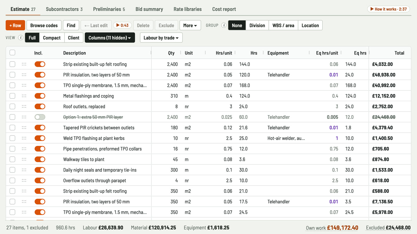 Bidfident screenshot: the telehandler for the hours it lifts