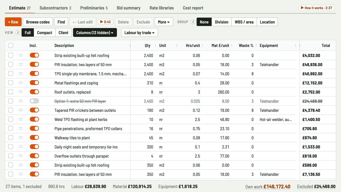 Bidfident screenshot: square metres from strip-out to membrane