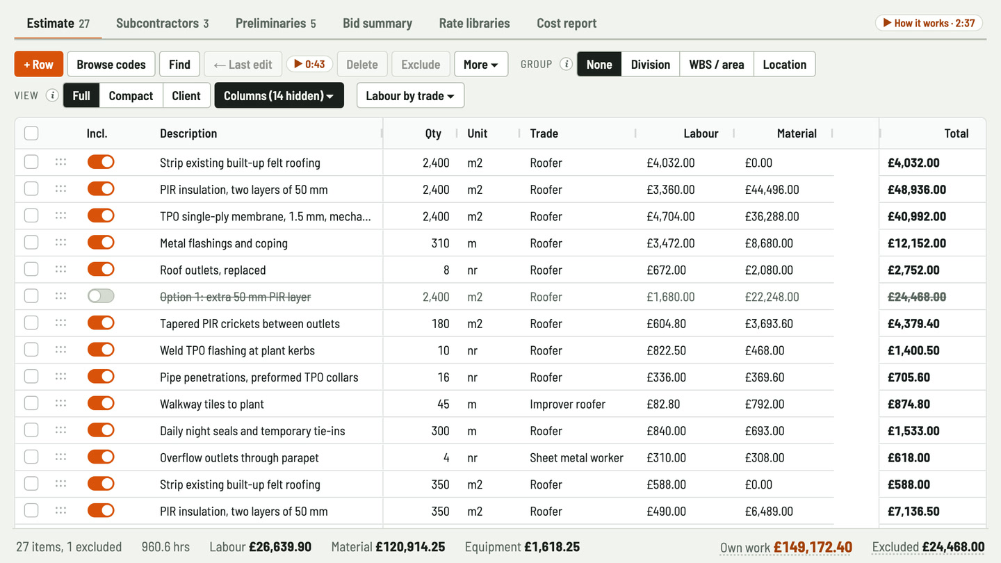 Bidfident screenshot: options kept, not counted
