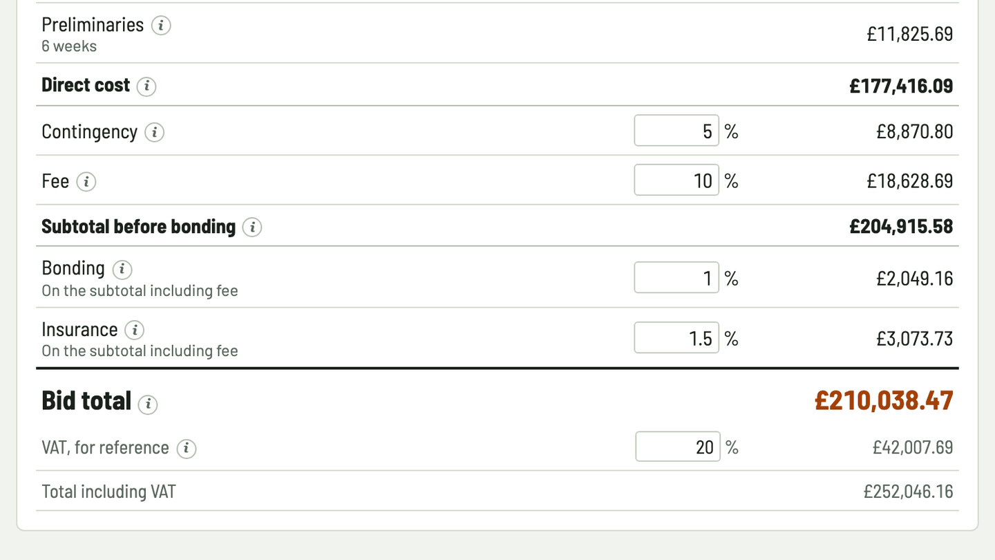 Bidfident screenshot: from roof cost to tender, to the penny