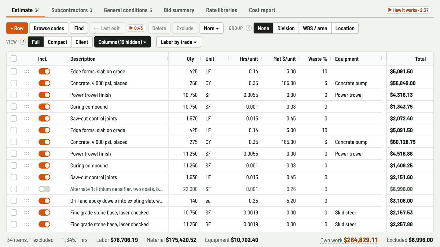 Bidfident screenshot: cubic yards, square feet and linear feet