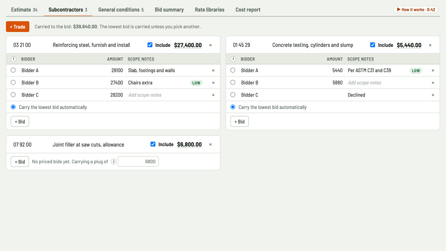 Bidfident screenshot: rebar bids side by side