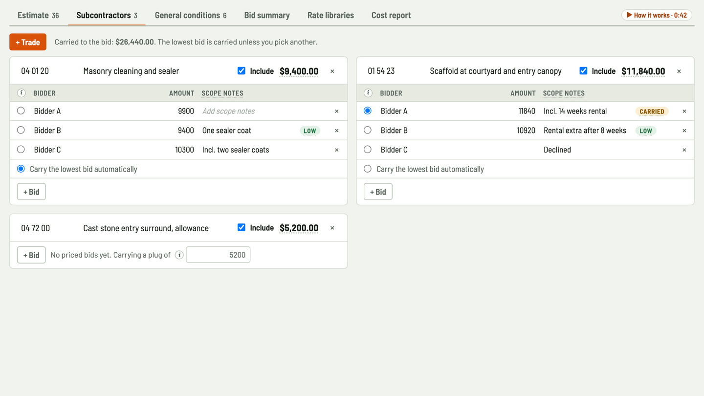 Bidfident screenshot: cleaning bids side by side