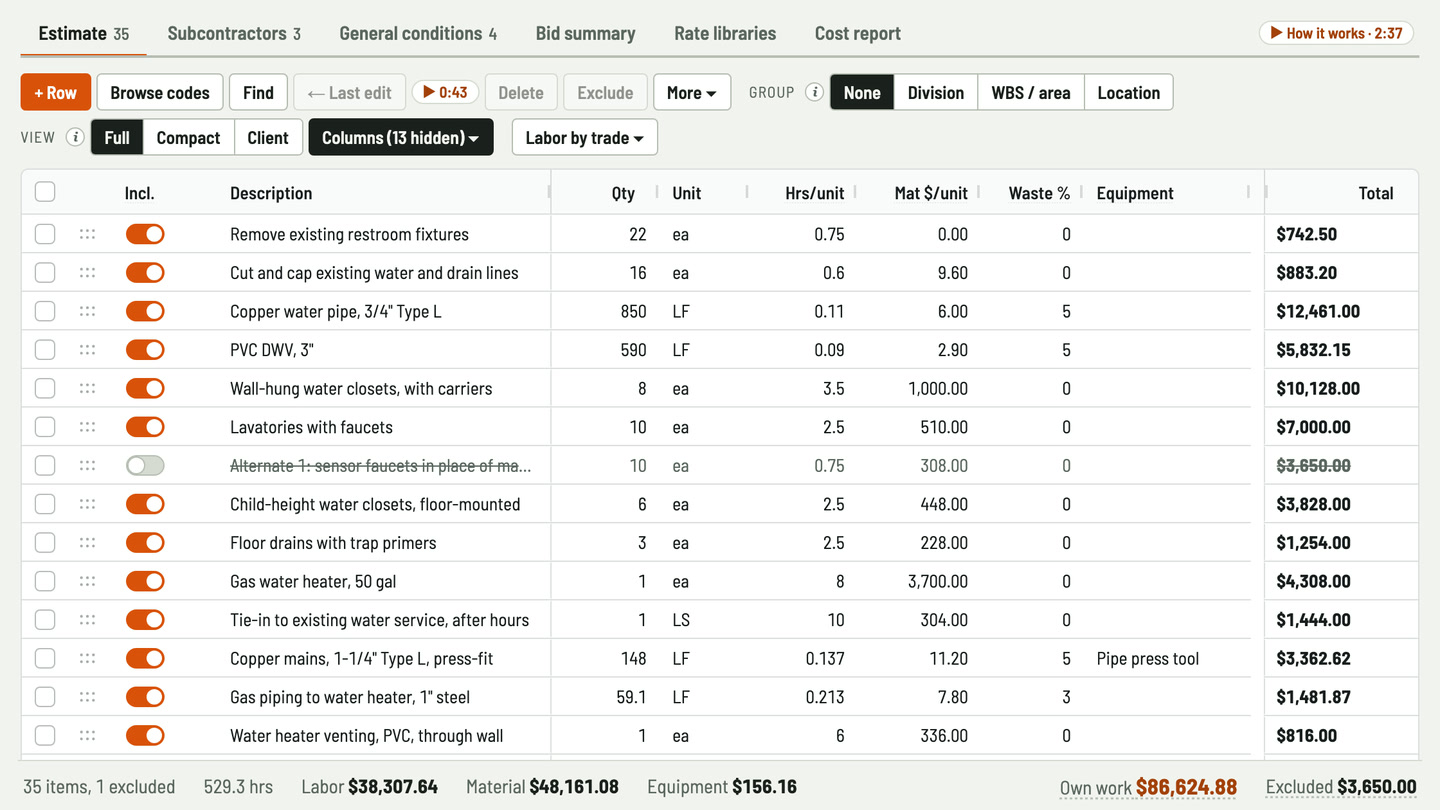Bidfident screenshot: pipe by the foot, fixtures each