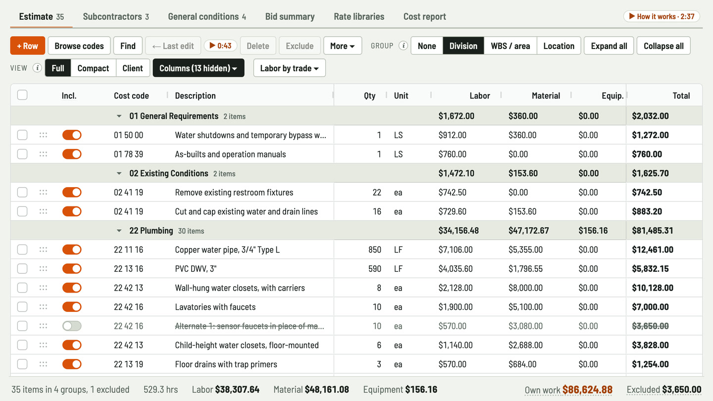 Bidfident screenshot: divisions laid out the way you read them