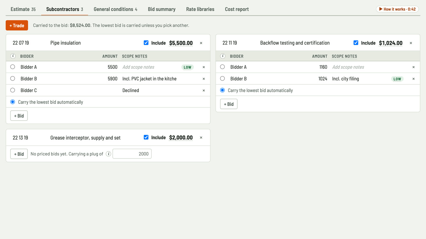 Bidfident screenshot: insulation and other subs side by side