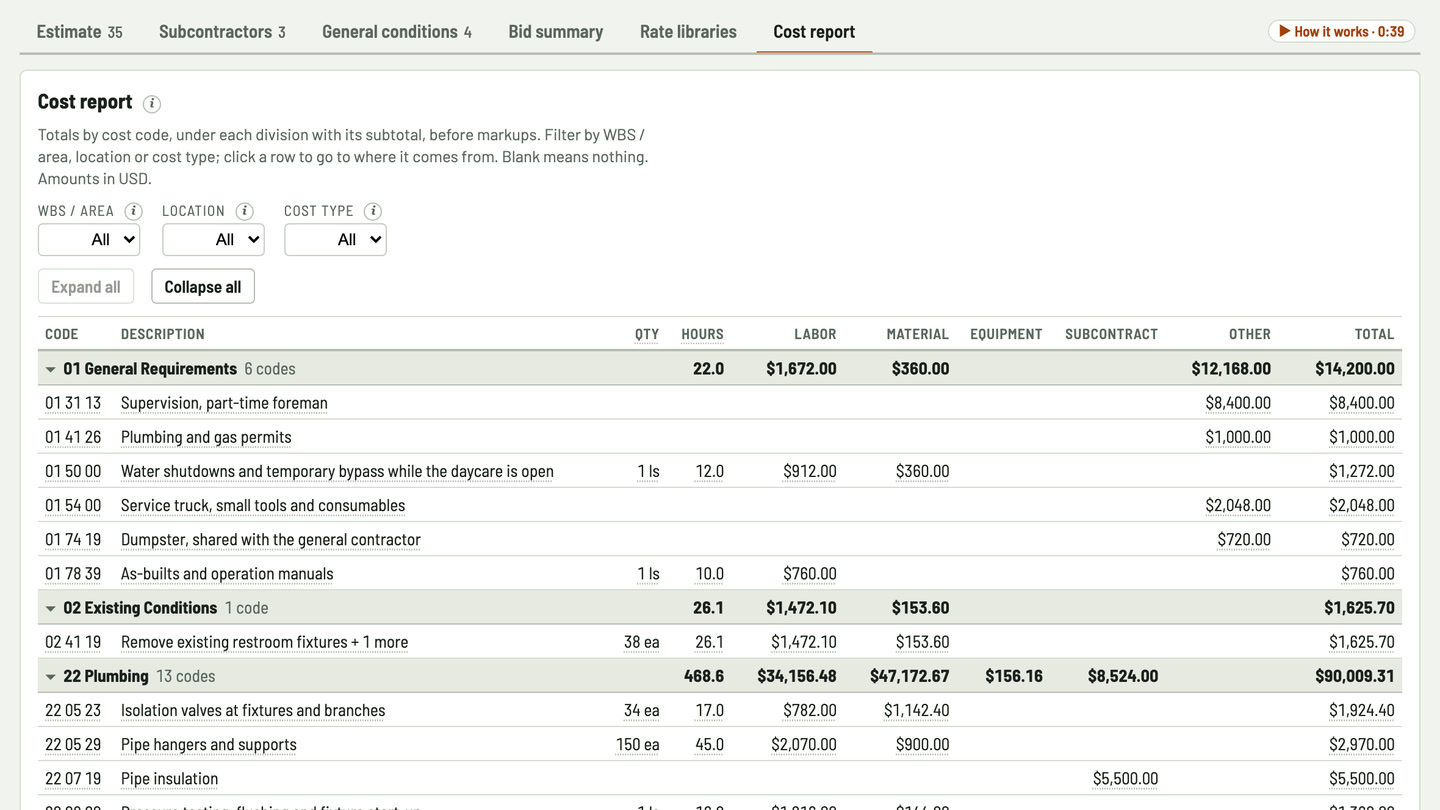 Bidfident screenshot: a cost report by code
