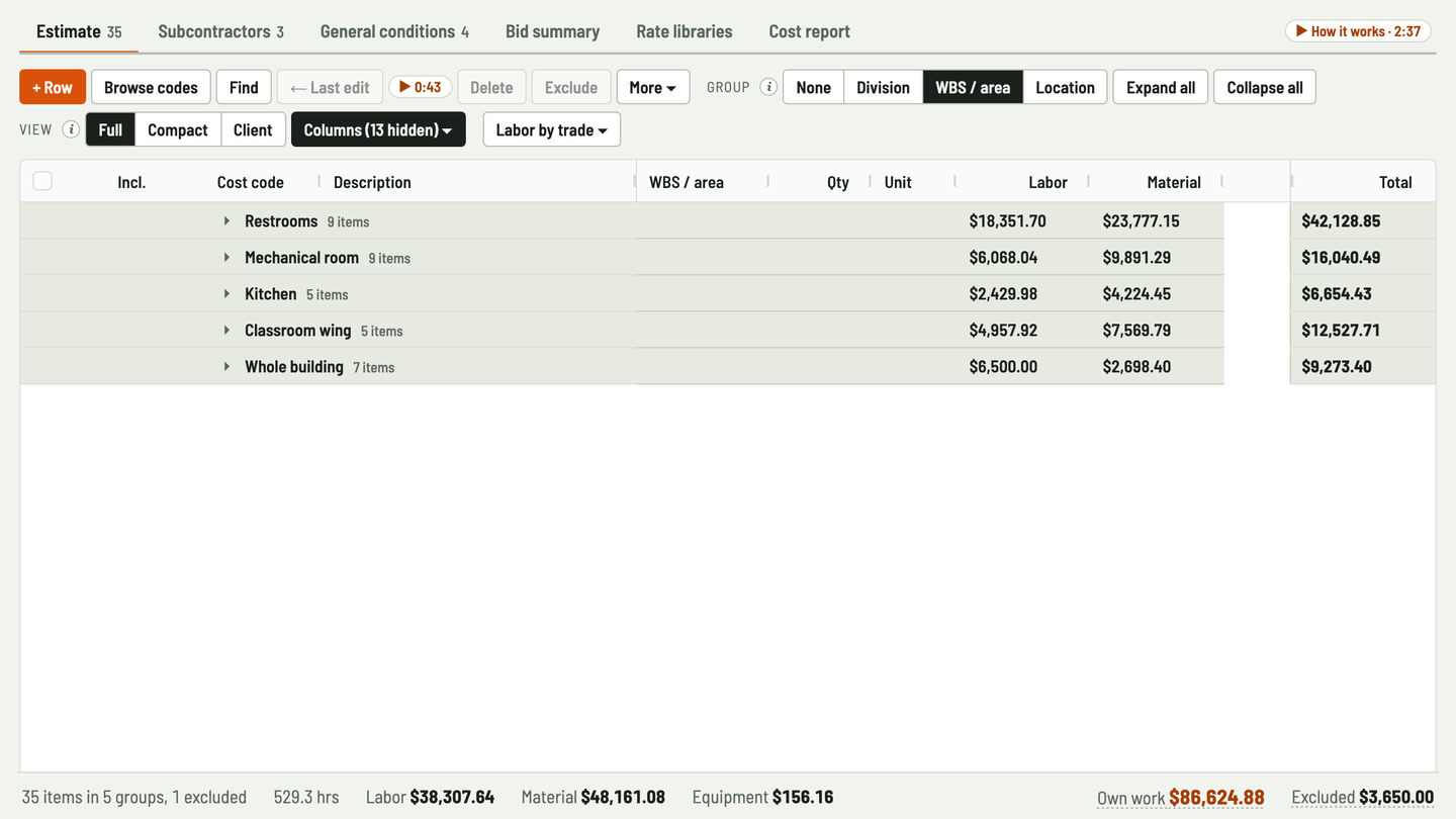 Bidfident screenshot: subtotals by floor or wing