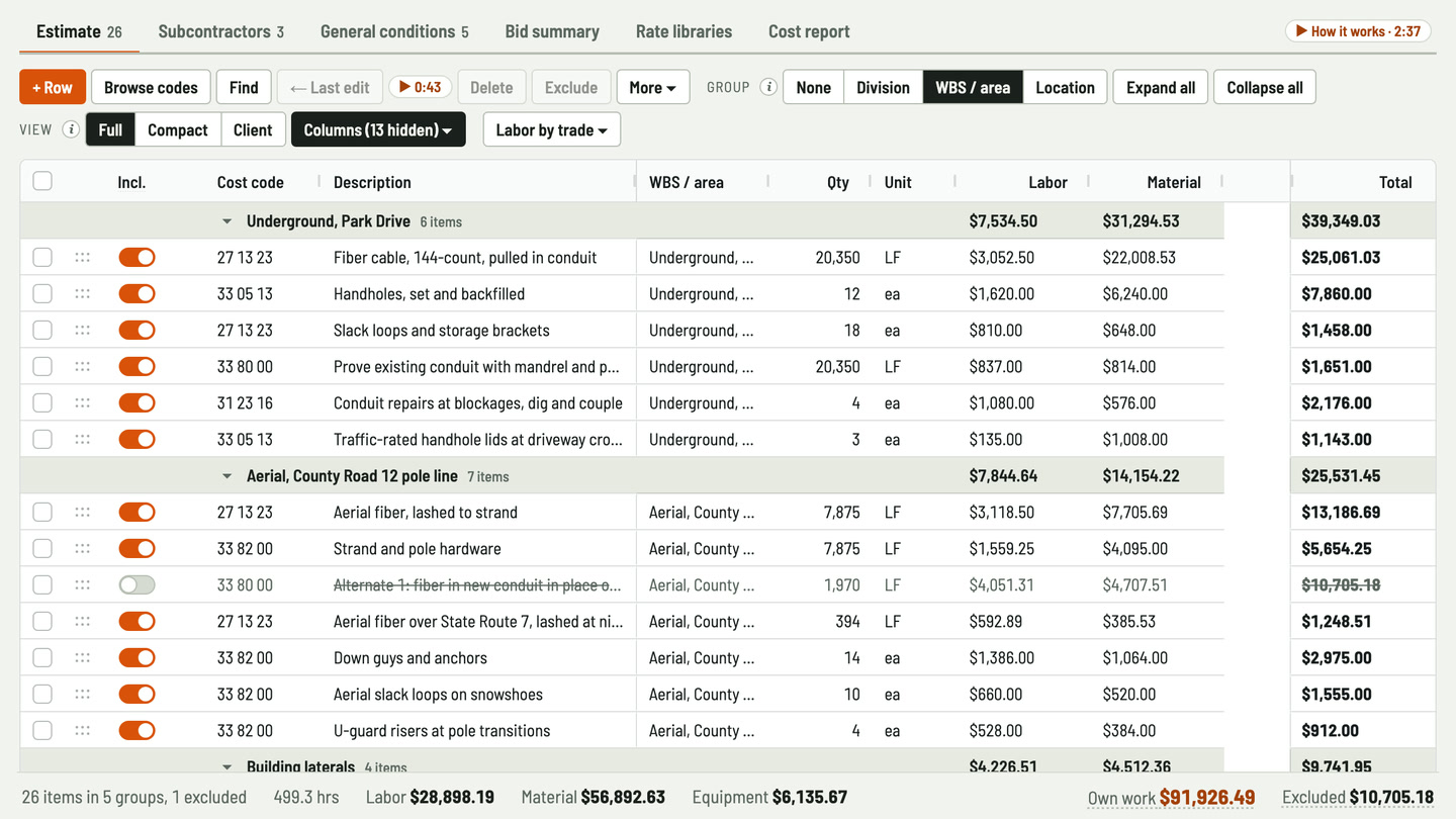 Bidfident screenshot: each segment with its own subtotal