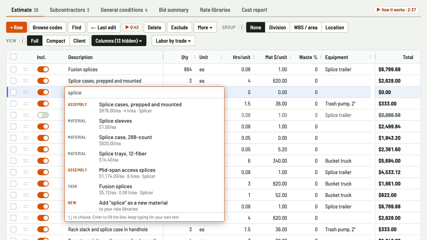 Bidfident screenshot: splices, cases and tasks in your library