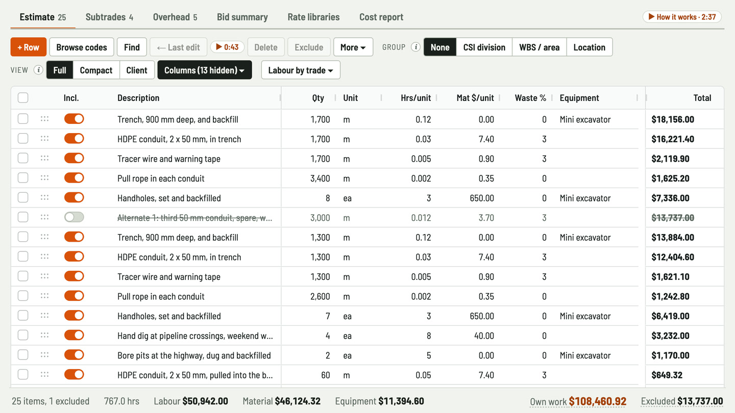 Bidfident screenshot: trench, conduit, tape and rope by the metre