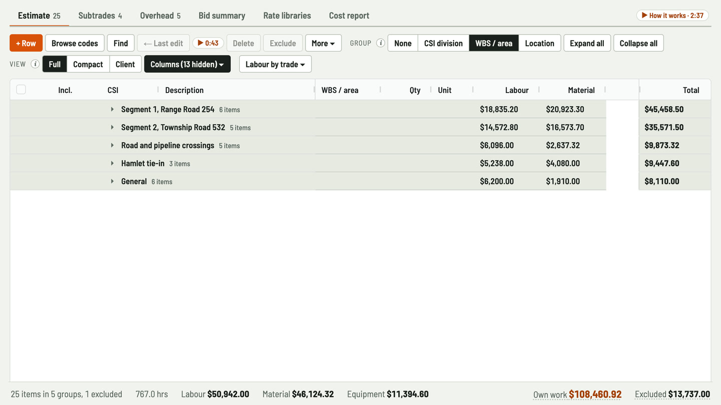 Bidfident screenshot: subtotals for each stretch of route