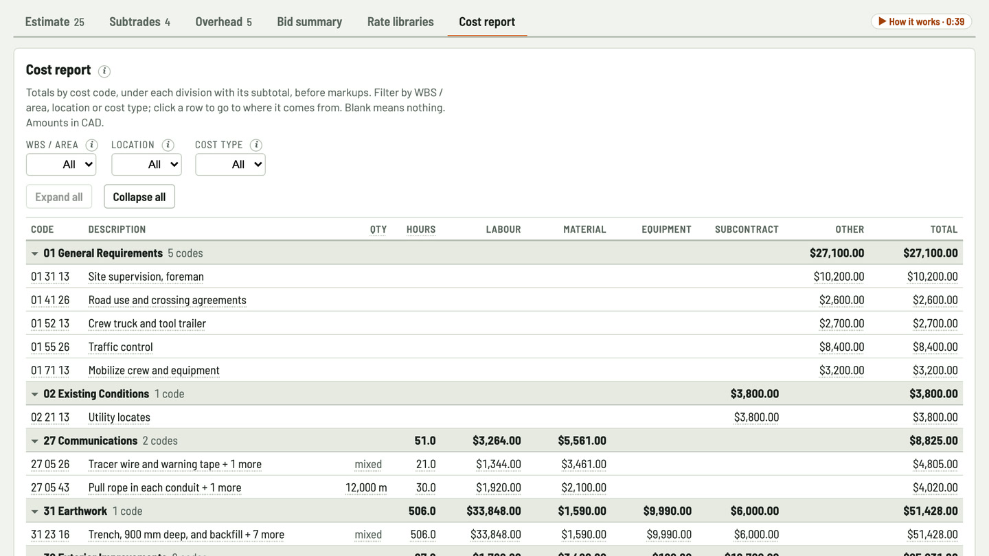Bidfident screenshot: totals by cost code