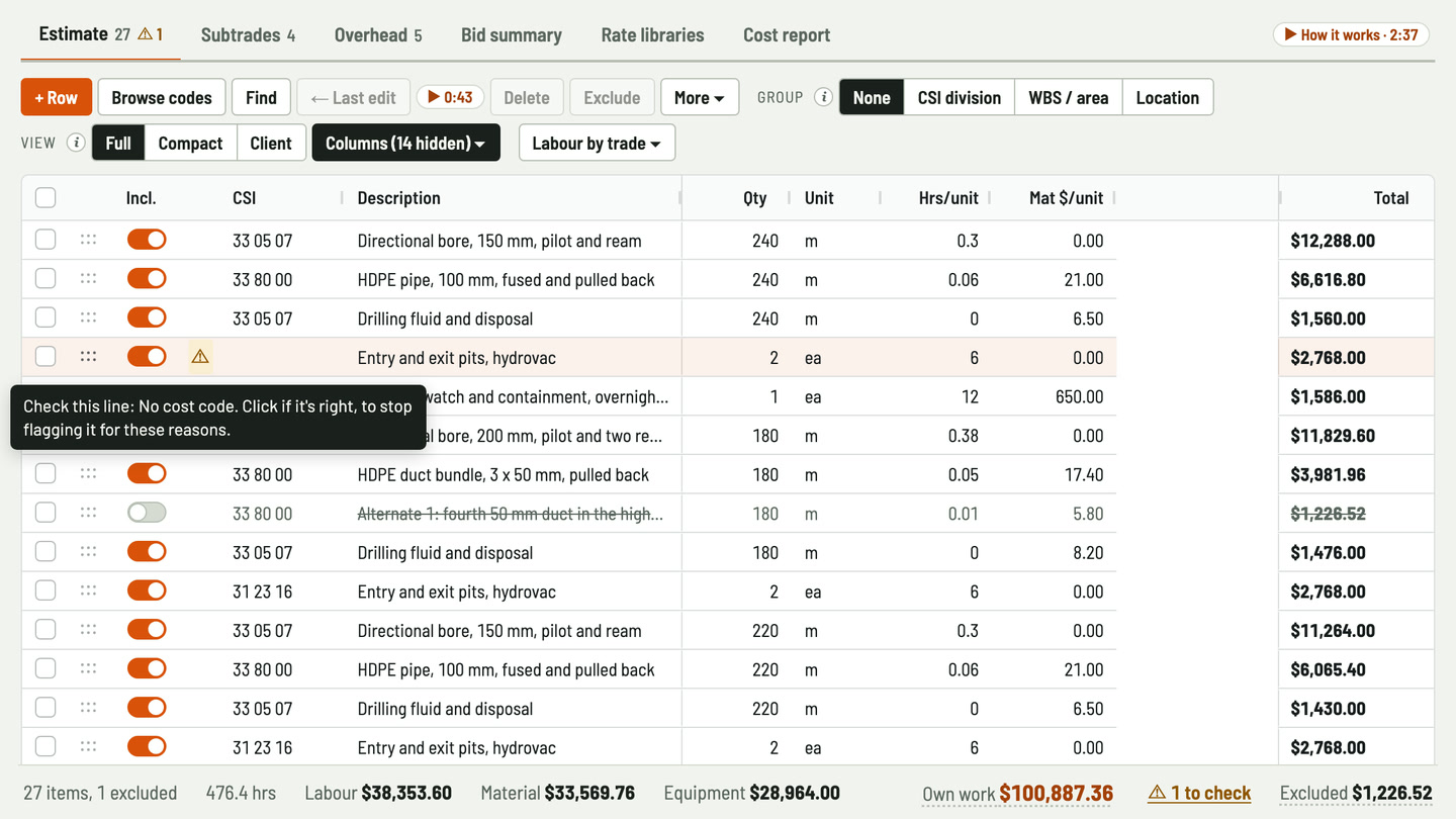 Bidfident screenshot: bore lines that look off, flagged
