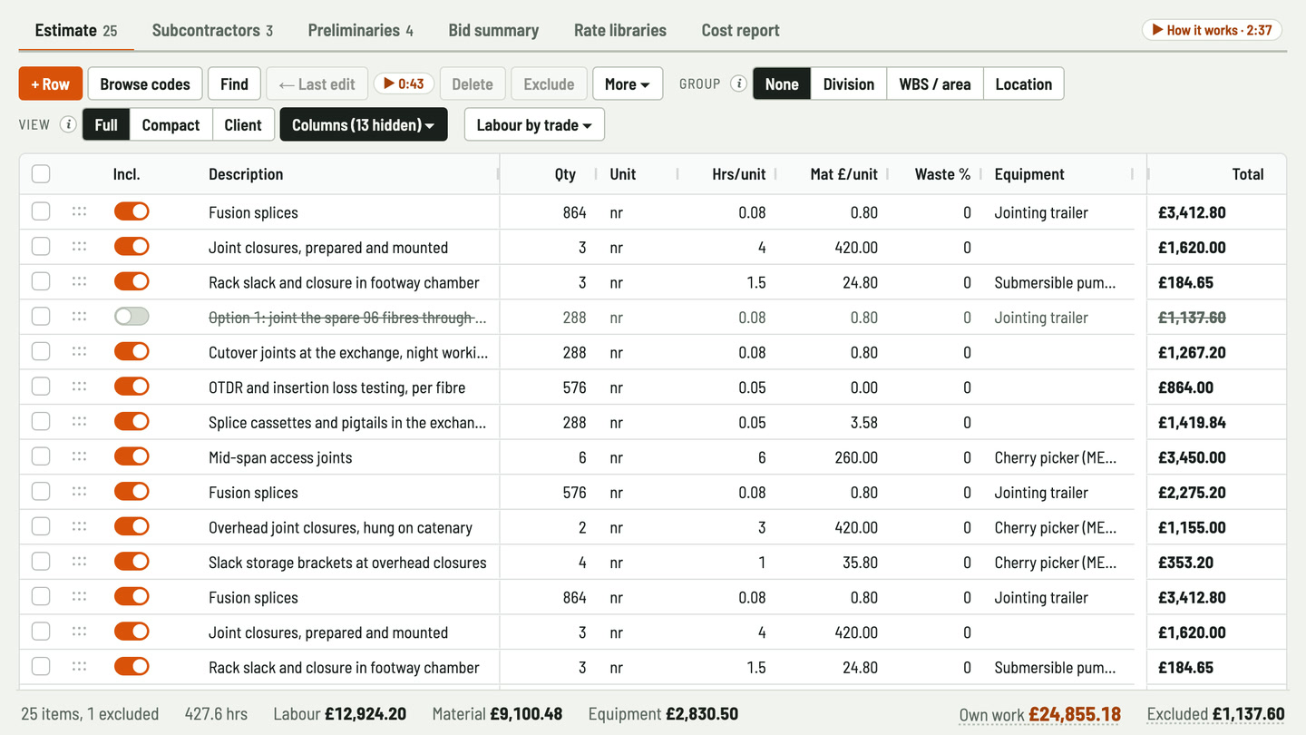 Bidfident screenshot: splices by number
