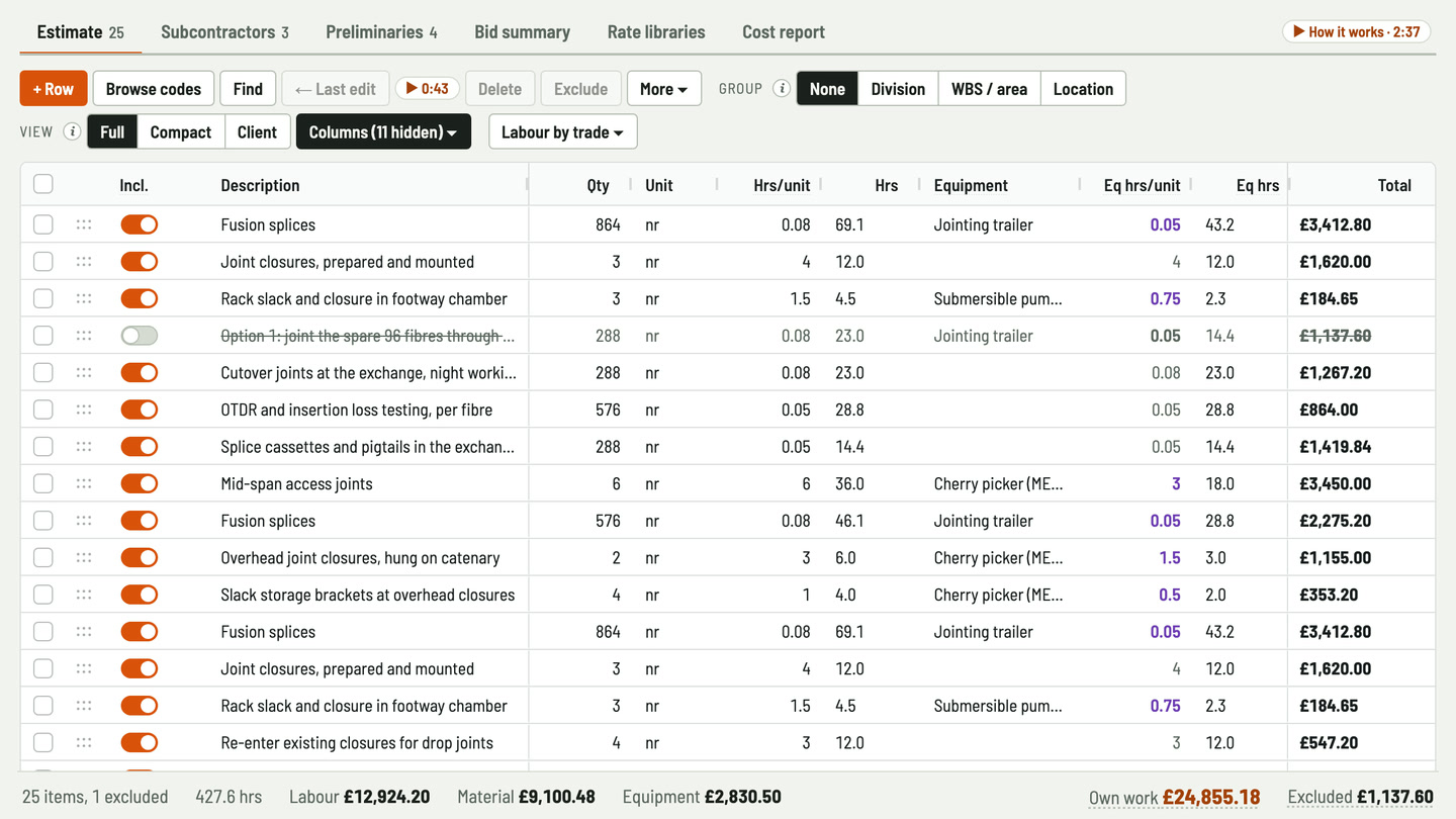 Bidfident screenshot: a jointing trailer for its own hours