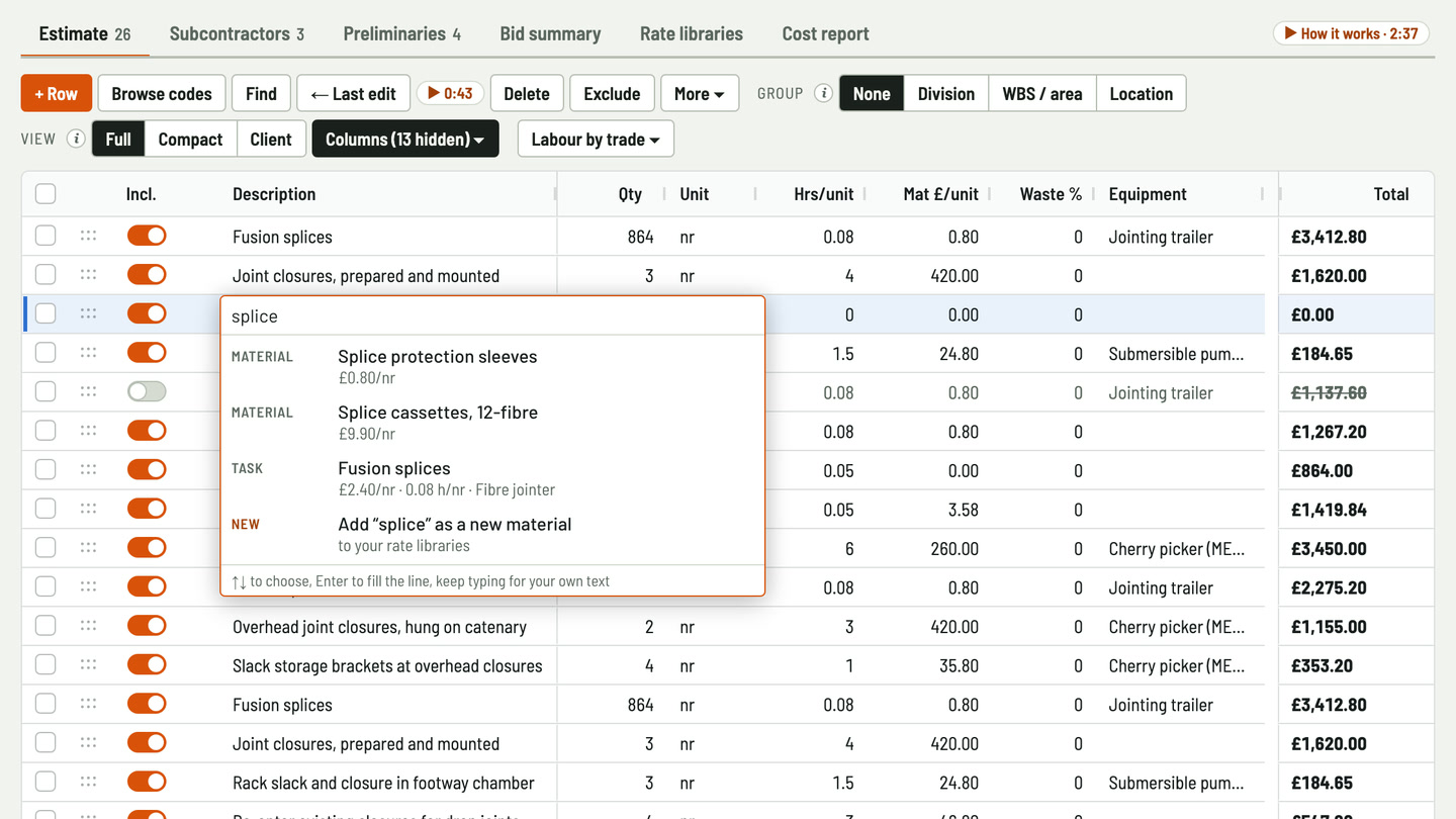 Bidfident screenshot: splices, closures and tasks in your library
