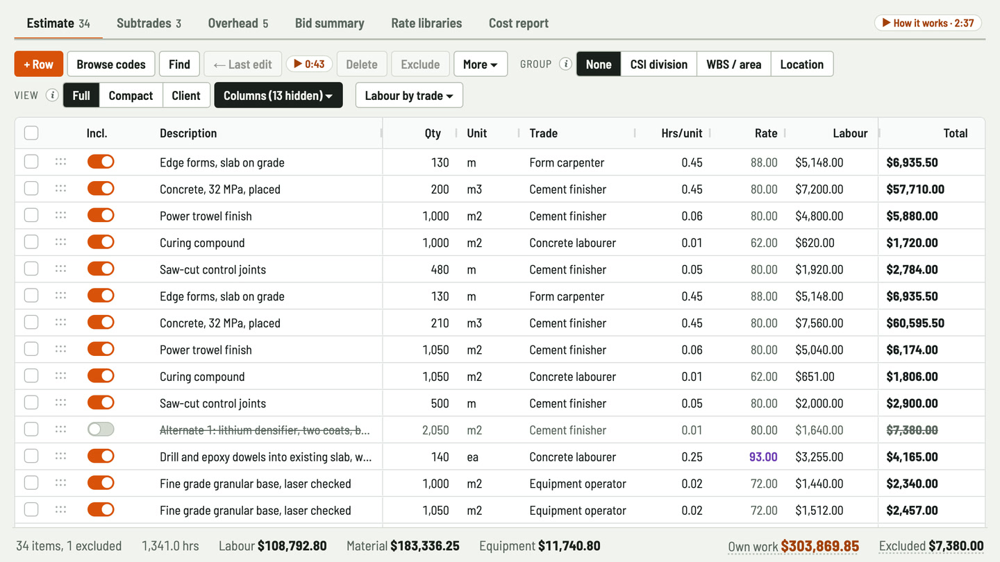 Bidfident screenshot: carpenters, finishers and labourers