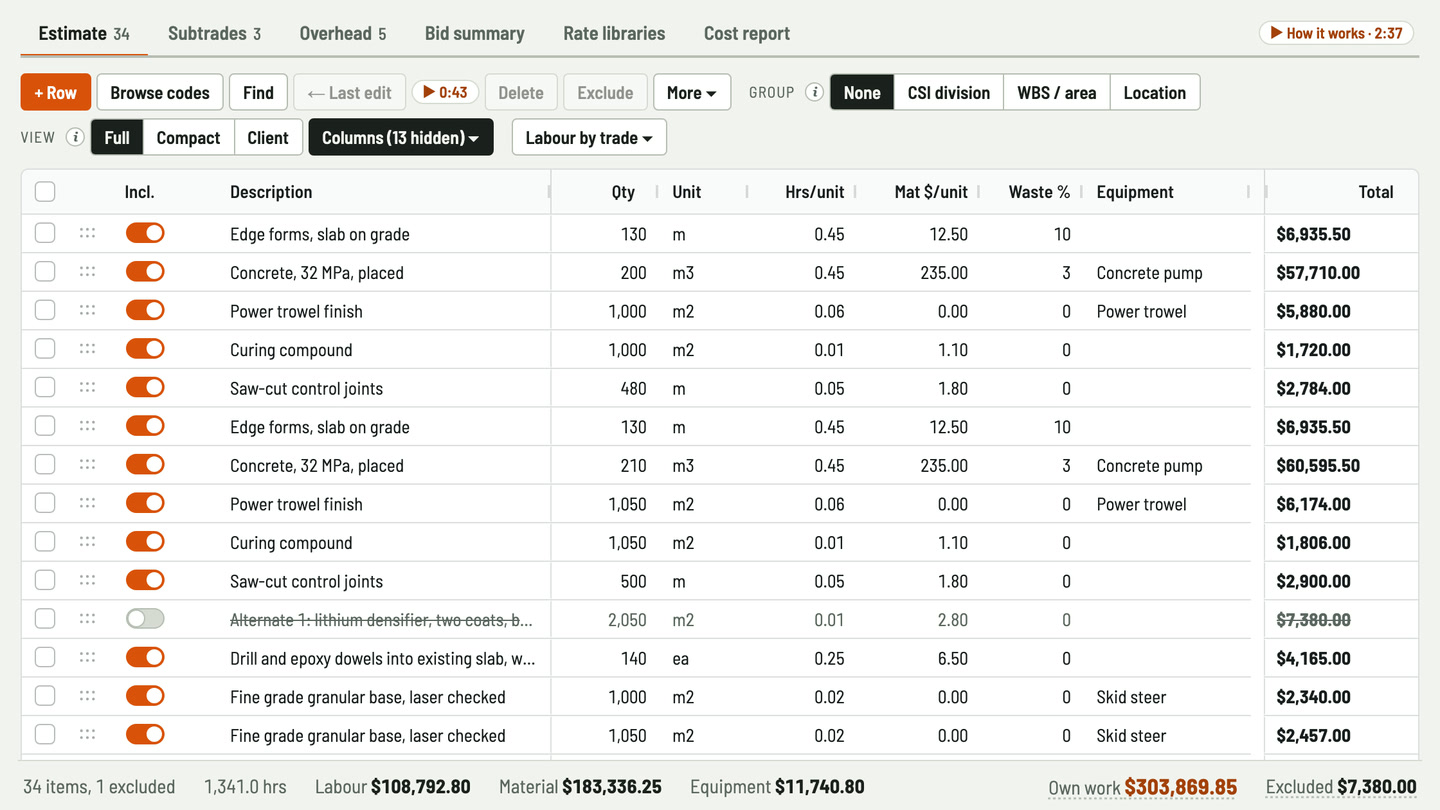 Bidfident screenshot: cubic metres, square metres and metres